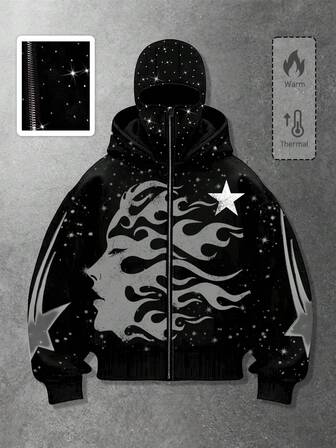 Goth Stylish Dark Hooded Zip-Up Sweatshirt Jacket With Rhinestone Embellishment For Men