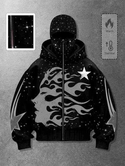 Goth Giacca con cappuccio con chiusura lampo elegante e scura, con decorazioni in strass, per uomo