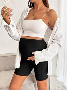 Slowluna Maternity Casual Everyday Commute Solid Color Ribbed Knit Adjustable Waist Shorts, Summer Holiday Outfits , Summer Outfits, Summer Clothes - Black - View 6