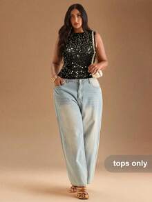 SHEIN BAE 大码女士性感镂空露背吊带背心，纯绿色，时尚百搭，适合海滩度假、假日、春假、音乐节、派对、演唱会、初秋、万圣节等场合，亮片点缀，性感优雅。 - 黑色 - 查看 6