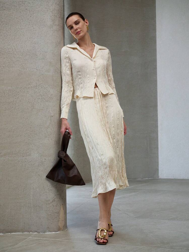 2PCS WOMEN'S PLISSE LONG SLEEVE SHIRT AND SKIRT SET, SPRING/SUMMER