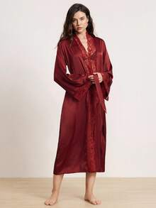 Hourtrue Women's Elegant Satin Belted Robe, Soft Lace Trim, Bell Sleeves, With Belt, Smooth And Comfortable, Suitable For Home Use, Fall, Christmas, Winter - Burgundy - View 5
