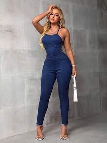 SHEIN SXY Slim-Fit Spaghetti Strap Criss-Cross Back Casual Denim Jumpsuit - Dark Wash - View 2