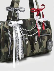 ROMWE Kawaii Túi đeo vai nữ kiểu dáng cổ điển dễ thương, họa tiết kẻ caro, nơ, hoa anh đào và trái tim, nhiều ngăn, túi Boston, túi đi học, túi dạo phố và túi kiểu Nhật dành cho nữ. - Màu xanh lá cây - Xem 2