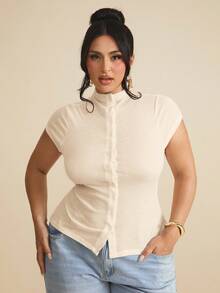 SHEIN BAE Plus Size Women White Summer Smart Casual Everyday Ribbed Knit T-Shirt,High Collar Button Down Mock Neck Short Sleeve Elastic Curvy Top - Apricot - View 3