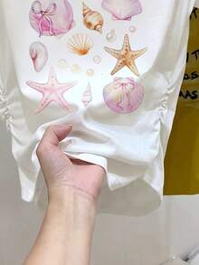 Resyla Women's Summer Seashell Print Short Sleeve T-Shirt, Side Ruched Slim Fit Off-Shoulder Top - White - View 4