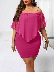 Reflora Plus Size Women's Fashionable Solid Color Off-Shoulder Short Dress - Hot Pink - View 3
