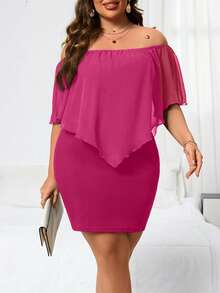 Reflora Plus Size Women's Fashionable Solid Color Off-Shoulder Short Dress - Hot Pink - View 6