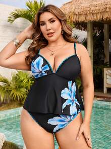 Swim Lushoire Plus Size Women Floral Digital Print Tankini Swimsuit Set, Fashion Resort Wear, Spring/Summer - Black - View 4