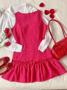 Comfortcana Crepe Texture Plaid Sleeveless Ruffle Hem Casual Elegant Cute Dress, Valentine's Day - Multicolor - View 6