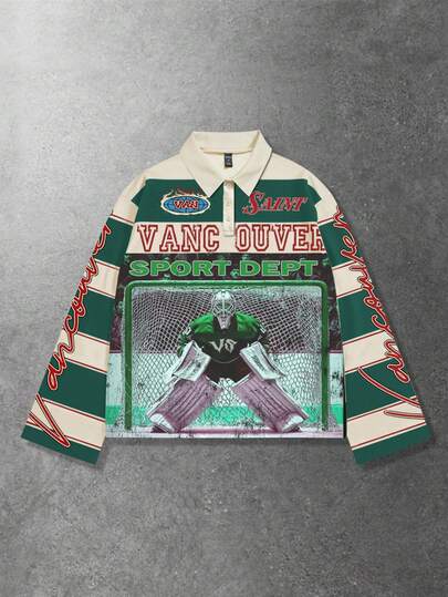 Street Life Camiseta polo de manga larga con estampado y rayas para hombre, estilo universitario casual