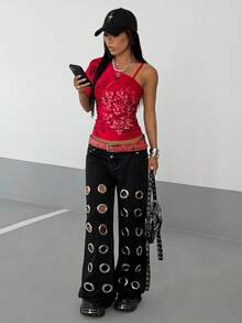 StreetHx Women's Asymmetrical Off-Shoulder Ruched Fitted T-Shirt - Red - View 4