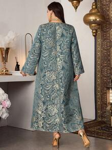 Al Najma Đầm dự tiệc kiểu Ả Rập thanh lịch dành cho nữ cỡ lớn, chất liệu jacquard, phối nhiều mảnh vải và đính cườm. - màu xanh lá - Xem 2