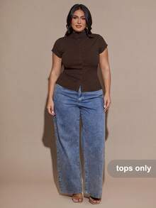 SHEIN BAE Plus Size Women Short Sleeve Crew Neck Cardigan Top/Winter - Coffee Brown - View 2