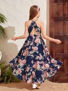 SHEIN Serisse Kids Tween Girl Floral Print Sleeveless Asymmetric Hem Dress - Multicolor - View 2