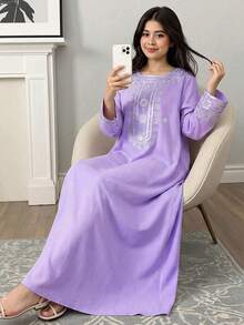 SHEIN Loose Elegant Luxurious Comfortable Round Neck Retro Pattern Long Sleeve Dress, Teen Girl - Mauve Purple - View 1