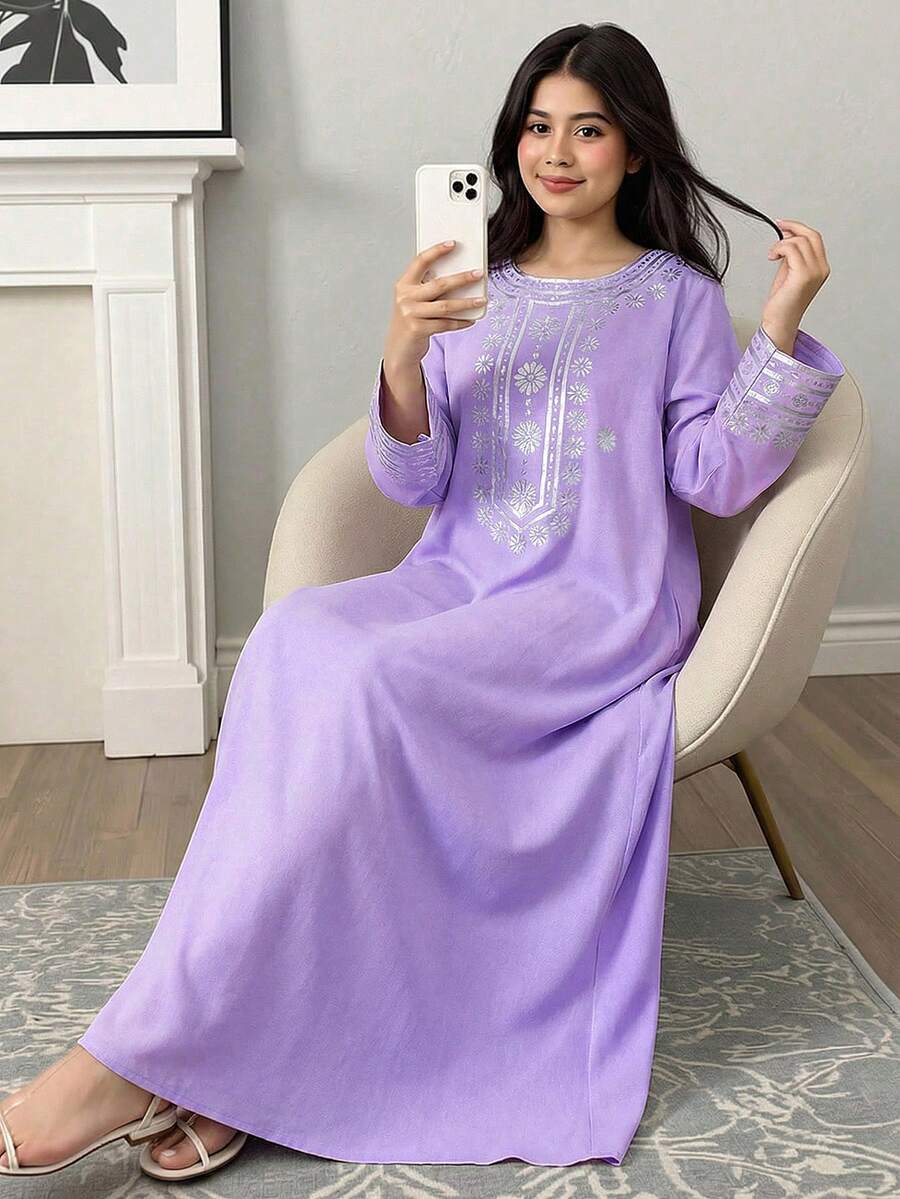SHEIN Loose Elegant Luxurious Comfortable Round Neck Retro Pattern Long Sleeve Dress, Teen Girl - Mauve Purple - View 1