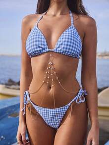 Swim Vcay Bộ bikini hai mảnh kẻ caro buộc dây cổ gợi cảm dành cho nữ, thích hợp cho mùa hè đi biển. - Xanh và trắng - Xem 6