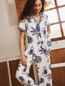 波西米亚休闲度假睡衣套装，开襟翻领睡衣套装，宽松夏威夷印花度假风女式睡衣套装 - 彩色 - 查看 4