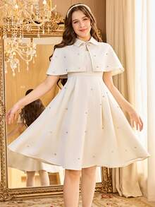 Teen Girl Rhinestone Decor Camisole Dress And Short Sleeve Jacket Elegant Set - Apricot - View 6