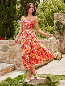 KARISMINA 女士雪纺印花抹胸上衣和半裙两件套，度假风，春夏款 - 彩色 - 查看 5