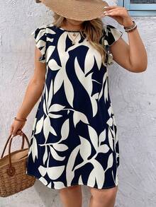 SHEIN VCAY Plus Size Round Neck Cap Sleeve Ruffle Hem Casual Loose Dress, Summer Dresses - Navy Blue - View 5