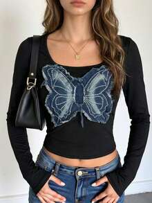 Aidyla Women's Autumn Knit Crew Neck Long Sleeve T-Shirt With Denim Patchwork, Bow Accent, Basic Slim Fit Top For School & Casual Wear, Korean Style - Black - View 8