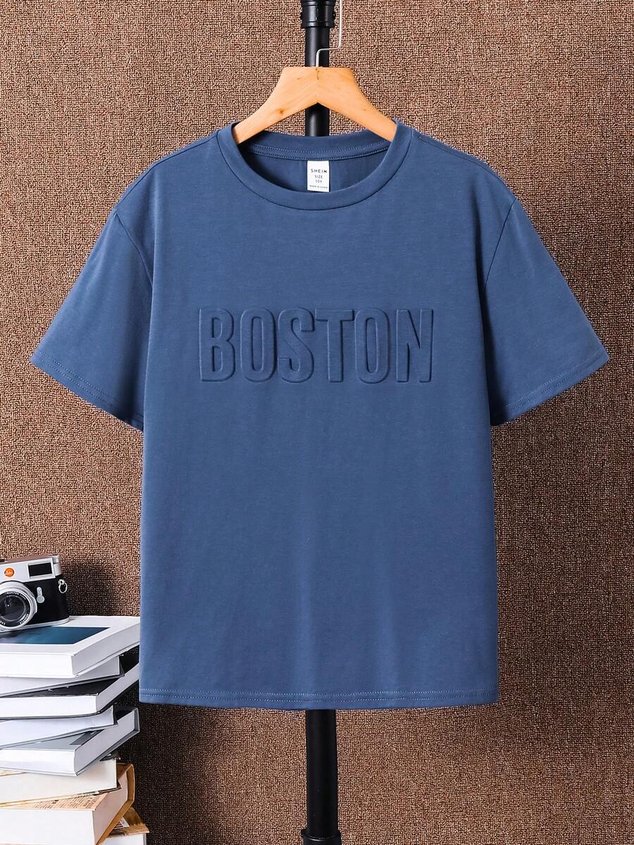 Camiseta de manga corta con patrón de letras 3D sencillo, estilo informal para niño preadolescente, adecuada para el verano, mezcla de algodón apta para uso diario, escuela, viajes, deportes y primavera-verano - Azul - Ver 1