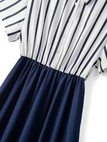 GlowEve CURVE Đầm dài tay ngắn cổ bẻ tối giản thanh lịch dành cho nữ cỡ lớn, thắt eo, phối sọc, màu trơn, thích hợp cho mùa xuân/hè. - Màu xanh lam - Xem 4
