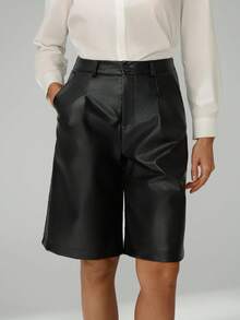 SHEIN Tall Fashionable Versatile Solid Color Loose Shorts - Black - View 8