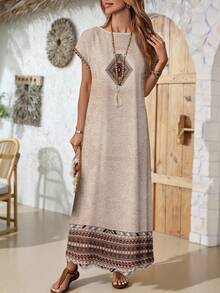 EMERY ROSE Đầm dài nữ phong cách Boho với họa tiết nhiều màu sắc, cổ tròn, tay cánh dơi ngắn, vạt xòe, kiểu dáng thường ngày. - Nhiều màu - Xem 5