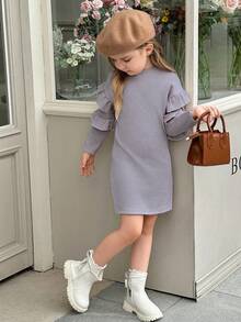 Elladie kids 1pc Girls Young Girl Elegant Ruffle Trim Knitted Dress, Round Neck, Slim Fit, Versatile For Party, Birthday, Daily Wear, Autumn - Grey - View 1