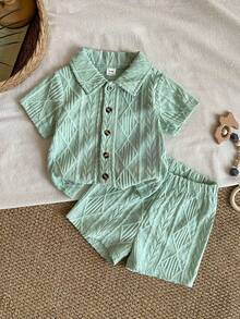 SHEIN Vintaside Kids 男女通用新生兒至1歲嬰兒套裝 短袖上衣與短褲組 紋理面料 精緻觸感 深綠色 夏季休閒度假風 - 薄荷綠 - 查看 2