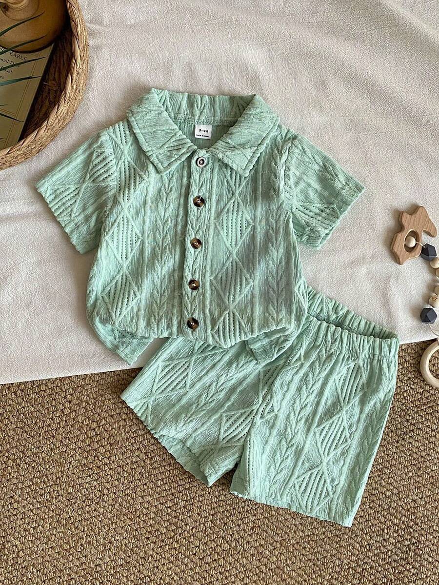 SHEIN Vintaside Kids 男女通用新生兒至1歲嬰兒套裝 短袖上衣與短褲組 紋理面料 精緻觸感 深綠色 夏季休閒度假風