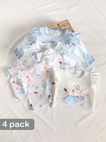 SHEIN 4件套女婴休闲日常百搭芭蕾薄纱裙套装，包含条纹碎花上衣，面料柔软亲肤，超值多件套 - 藍色 - 查看 5