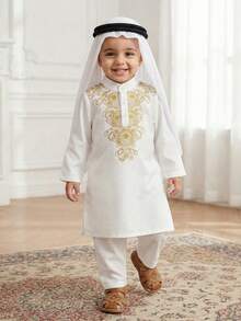 2pcs/Set Baby Boys Casual Short Sleeve White Robe & Pants Set, Robe With Slit Hem Design, Arabic Robe, Islamic Clothing, Kaftan, Saudi Arabian Attire, Boy Dress Robe, Basic Style Suitable For Spring, Summer, Autumn, Winter, Fit For 3 Months To 24 Months Baby Boys Baby Arabic Clothing Baby Boy Party Wear Arabic Dishdasha, Islamic Clothing, Kaftan, Saudi Arabian Outfit, Robe, Boys White Kurta, Boys White School Thobe, Boys Kurtas Baby Boy Traditional Clothes Baby Boy Traditional Outfit