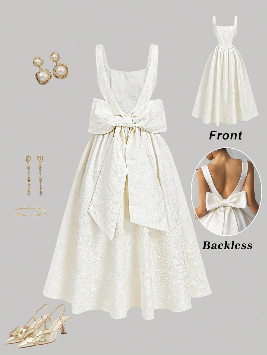 SHEIN MOD Women's Apricot Bowknot Dress,New Year's Eve Dress ,Party Dress ,Valentine's Day  ,Date Night Dress,Bowknot Dress,Tea Party Dress, Cream Dresses, Baby Shower Dresses, Baptism Outfit Women,Spring Break Outfits, Backless Dress Graduation Dress White Dress With Bows - Apricot - View 1