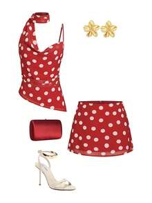 GlowEve 夏季女士红白波点雪纺不对称荷叶边领口上衣和迷你裙两件套 - 紅色 - 查看 2