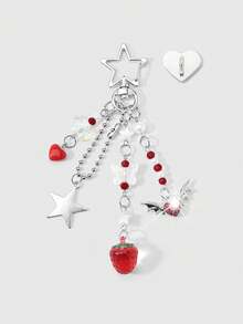 ROMWE 1款春季新款ins甜美可爱时尚学院风红色系列仿水晶仿珍珠树脂亚克力水钻蝴蝶爱心银色可开合珠链星翼恶魔翼爱心草莓DIY钥匙扣包包挂件水杯挂件手机挂件，适合姐妹、女友、情侣、女孩和女士日常佩戴、节日礼物 - 紅色 - 查看 2