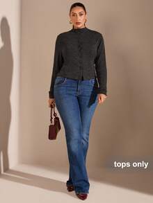 SHEIN BAE Blusa de manga larga con botones delanteros lisos para mujer de talla grande, uso diario casual, blusa básica de manga larga con decoración de botones metálicos para mujer de talla grande, otoño para mujer, invierno para mujer, talla grande de otoño, elegante - Negro - Ver 5
