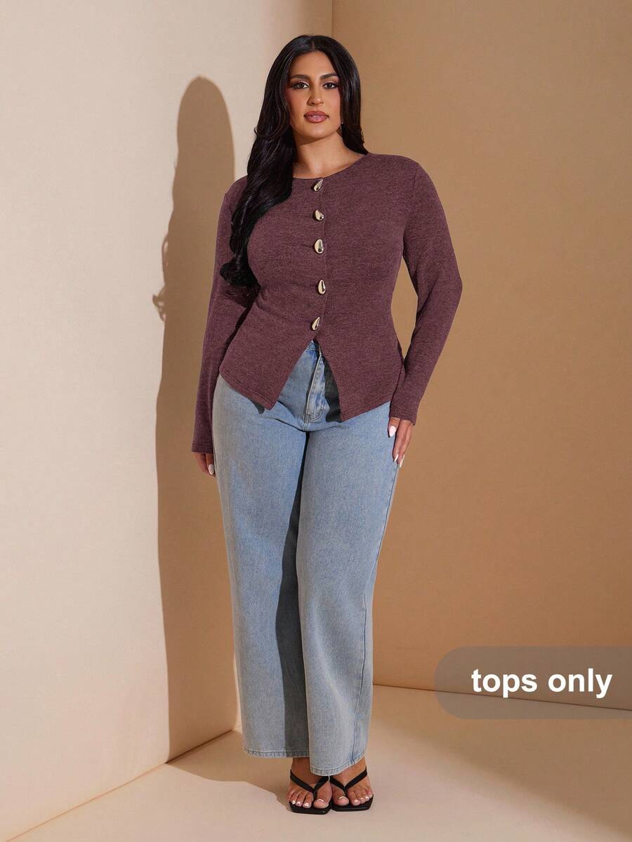 SHEIN BAE Blusa básica de manga larga con decoración de botones metálicos para mujer de talla grande - Burdeos - Ver 1