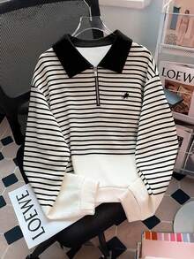 SHEIN Women's Retro Loose Zip-Up Striped & Horse Logo Print Long Sleeve Casual Sweatshirt, Suitable For Spring And Autumn - White - View 3