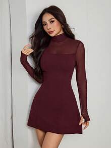 SHEIN PETITE 女士性感网纱拼接拇指孔迷你连衣裙，秋季款 - 酒紅色 - 查看 5