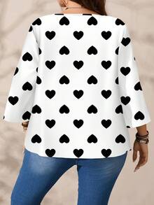 EMERY ROSE 大码女式浪漫休闲黑白爱心印花宽松七分袖衬衫，情人节爱心衬衫，情人节礼物 - 黑與白 - 查看 5