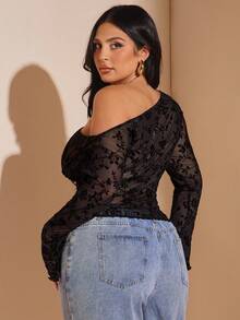 SHEIN BAE 大码女式网纱抽绳侧边上衣，优雅夏季假日派对，适合情人节、生日、端庄场合、办公室穿着，透视上衣，秋季必备 - 黑色 - 查看 4