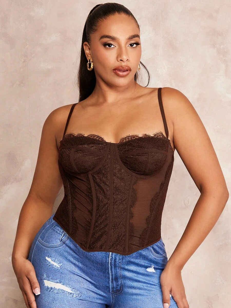 SHEIN BAE 大码女式纯色撞色蕾丝修身优雅吊带背心 - 咖啡棕 - 查看 1