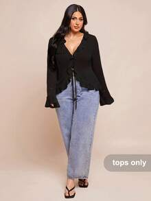 SHEIN BAE Plus Size Women's Early Spring Elegant Chiffon Blouse With Ruffle Hem, Long Sleeve, Suitable For Romantic Dates, Hangouts With Friends, Vacation Activities, And Everyday Graceful Outings/ Plus Size Black Tops/ Plus Size Ruffle Top/ Plus Size Tie Front Blouse,Fall Clothes For Women