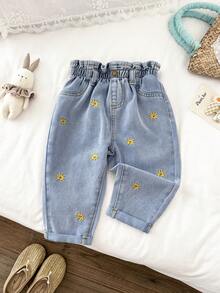 LMoss Kids 女婴黄色雏菊刺绣蓝色牛仔胡萝卜裤 - 淺色水洗藍 - 查看 10