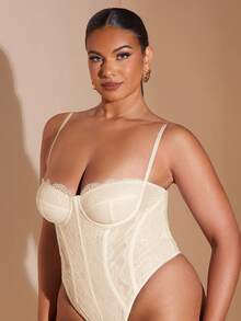 SHEIN BAE Women's Elegant Lace Patchwork Beige Corset Top Bodysuit,Spaghetti Strap Summer Beach Vacation Wedding Guest Night Out Club Outfit Plus Size Clothing - Apricot - View 6