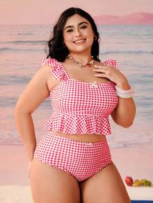 Swim Mod Plus Size Plaid Print Flounce Adjustable Strap Swimsuit Set, Vacation & Beach - Multicolor - View 4